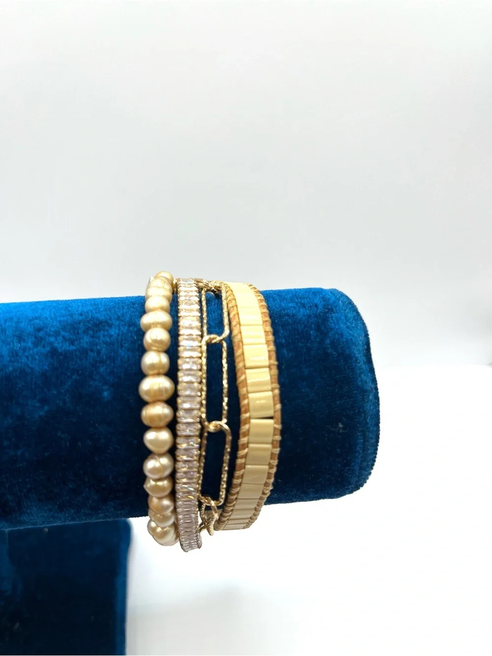 Emerson Gold Multi Strand Pearl Paperclip Rhinestone and Beaded Bracelet Layered